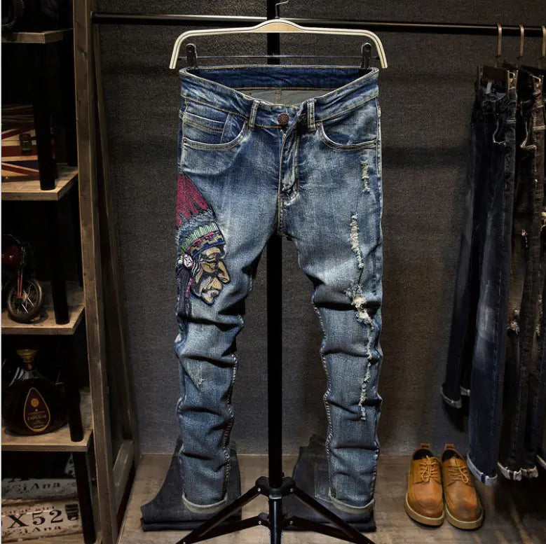 Embroidered Men’s Slim Fit Jeans – Ripped Streetwear Denim