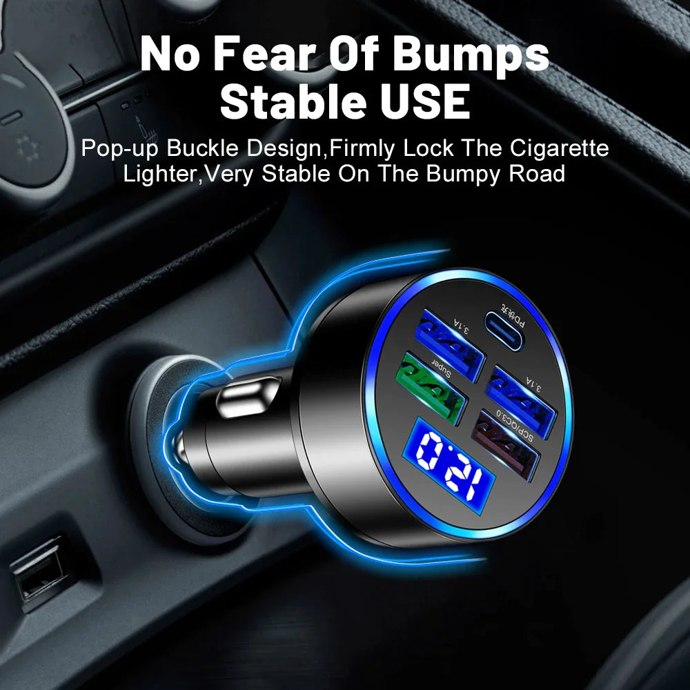5-Port Super Fast Car Charger Adapter – USB & Type-C for iPhone, Samsung & Android