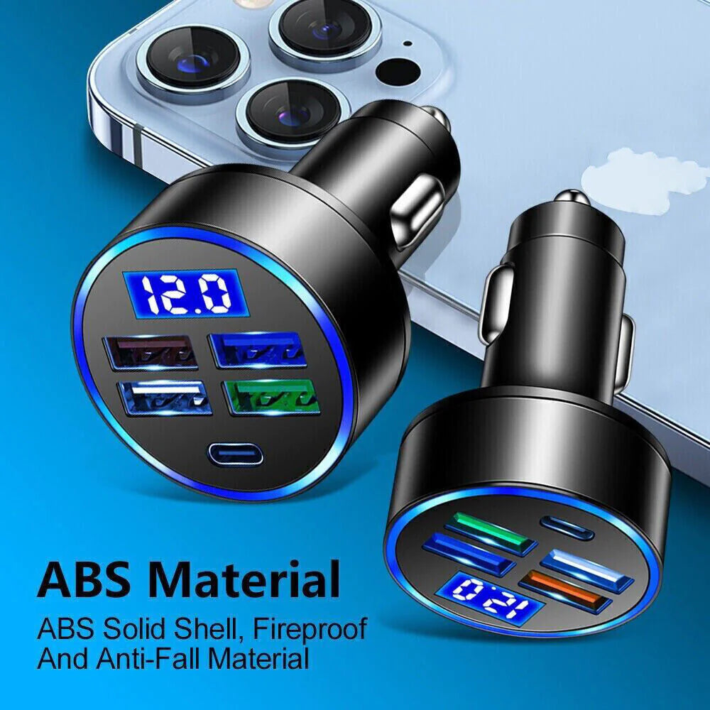 5-Port Super Fast Car Charger Adapter – USB & Type-C for iPhone, Samsung & Android