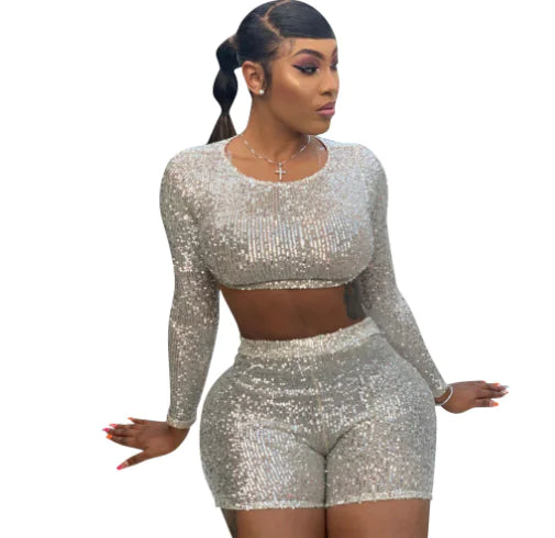 Women’s Sequined Two-Piece Long Sleeve Shorts Set – Glam Party Outfit in Apricot