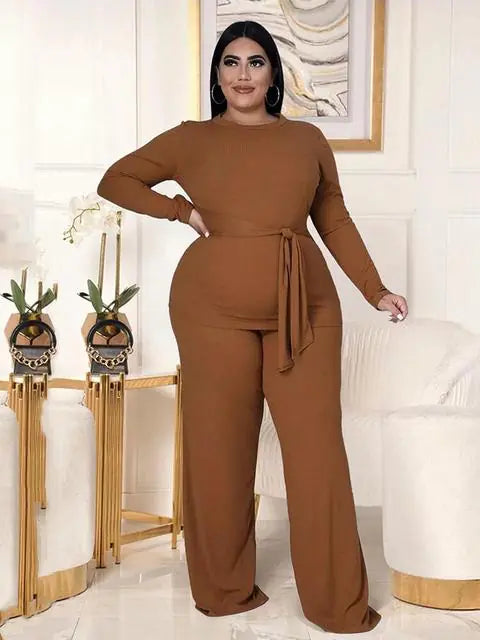 Plus Size Two Piece Set – Long Sleeve Top & Tailored Pants (XL–5XL)