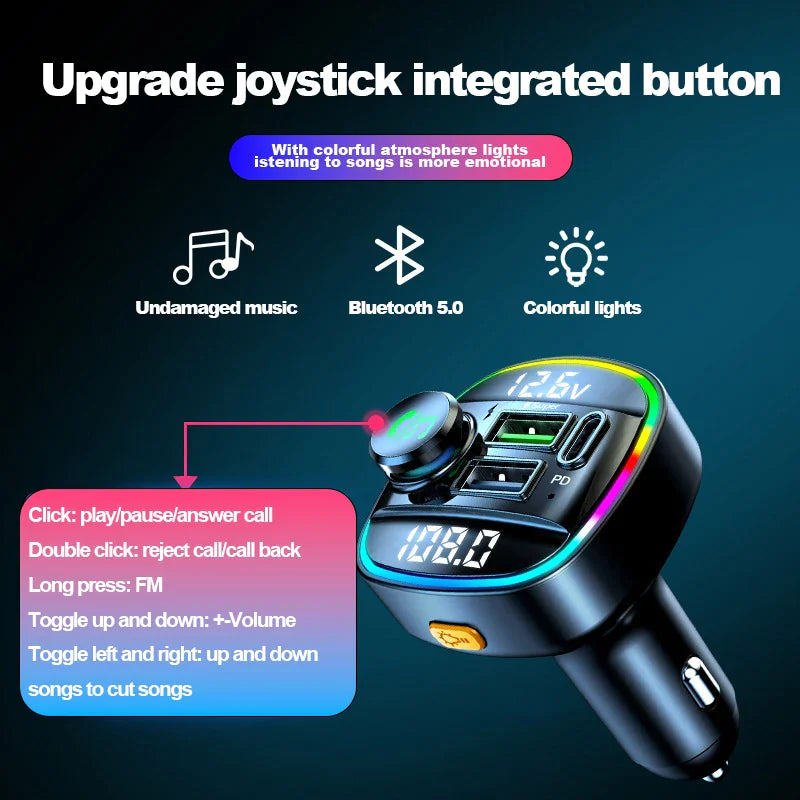 Bluetooth 5.0 Car Wireless FM Transmitter Adapter with USB PD Charger & Hands-Free