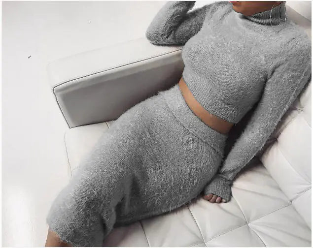 Chic Long Sleeve Women’s Two-Piece Sweater Set – Elegant Lotus Collar & Pencil Skirt