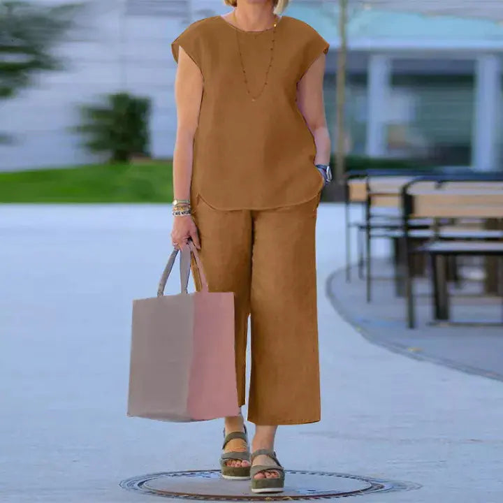 Women’s Cotton Linen Two-Piece Set – Round Neck Tank Top & Wide-Leg Pants