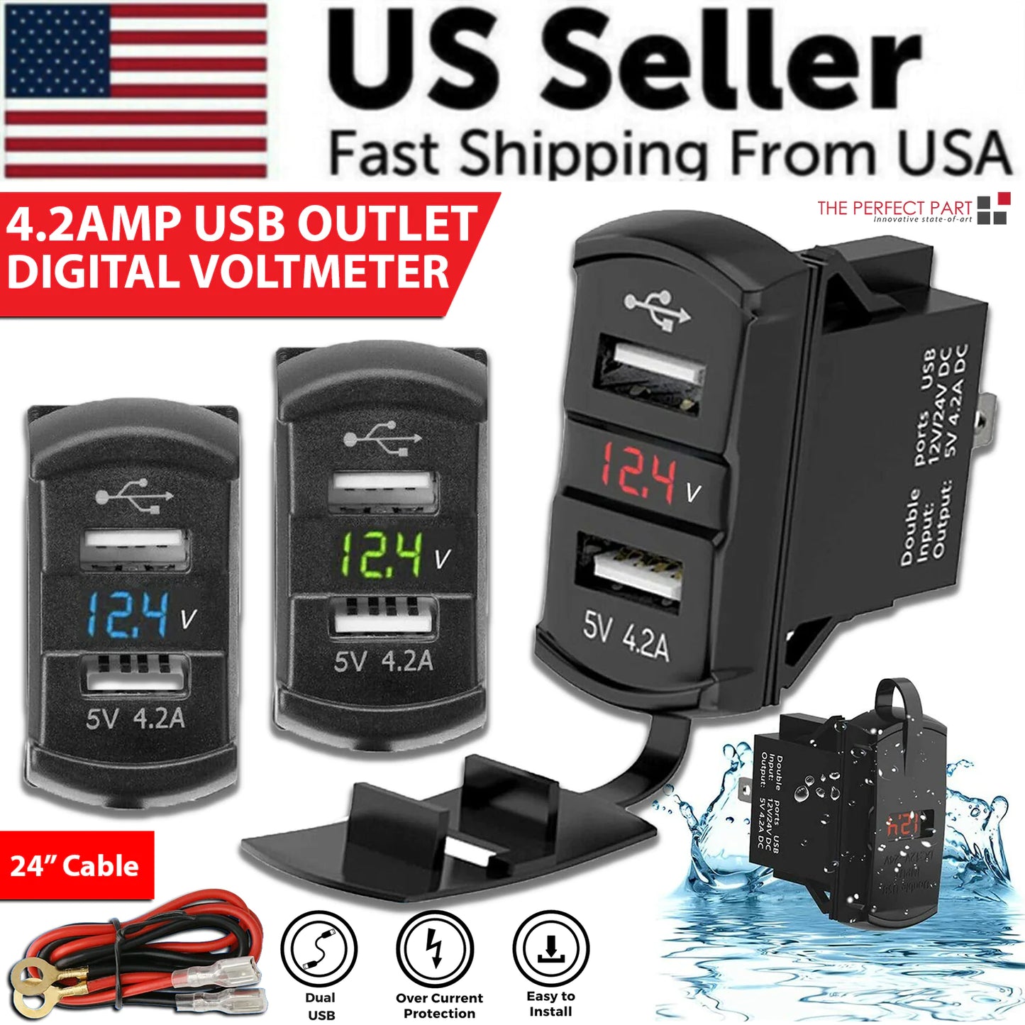 12V Dual USB Charger Socket with LED Voltmeter & Rocker Switch Panel – Car & Boat Power Adapter