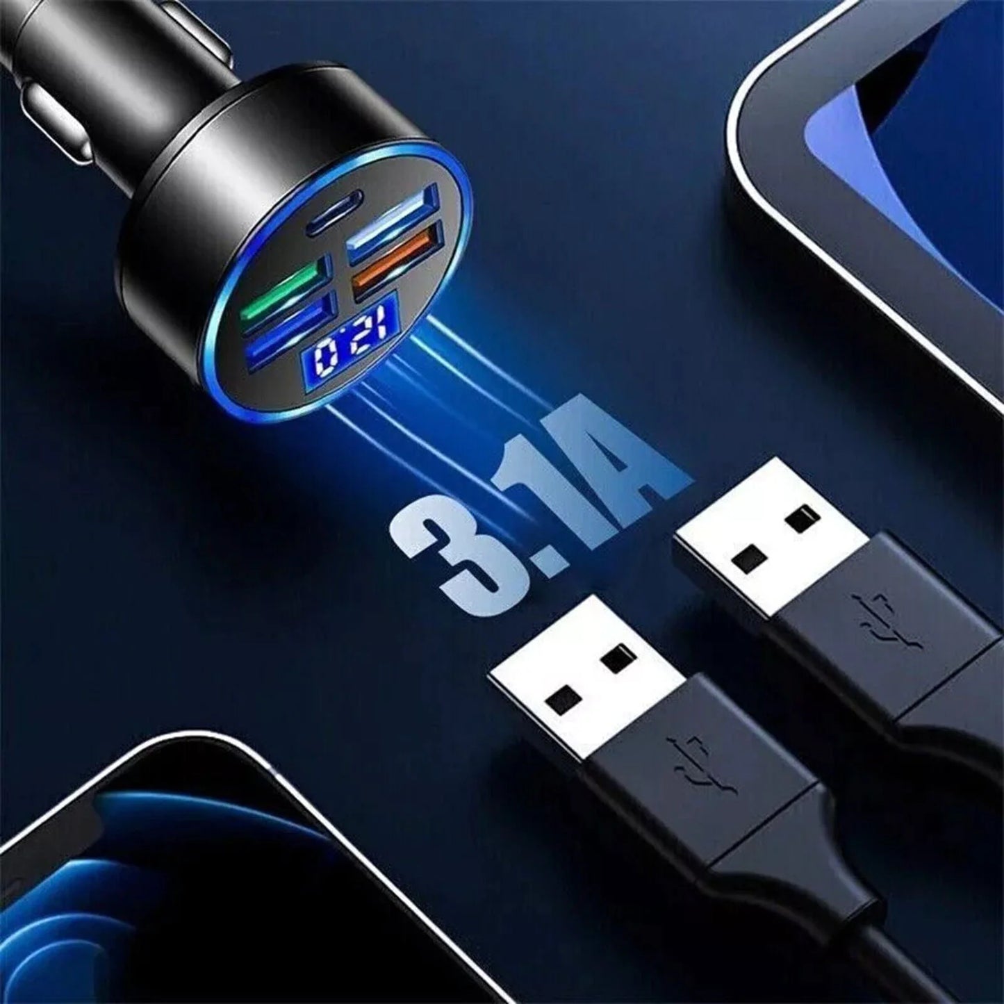 5-Port Super Fast Car Charger Adapter – USB & Type-C for iPhone, Samsung & Android