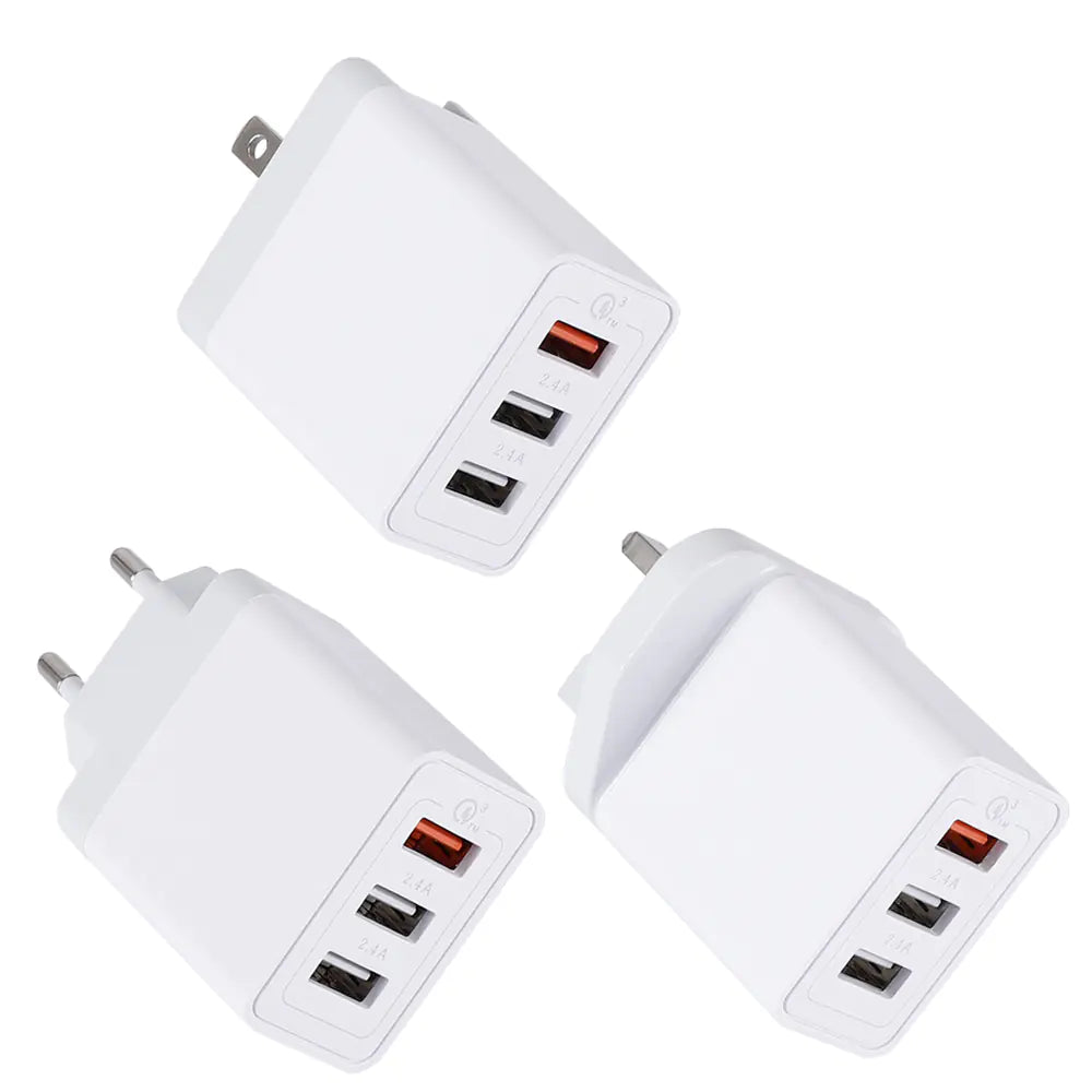 3-Port USB Fast Charger – QC3.0 Wall Adapter with EU, US, UK Plug Options