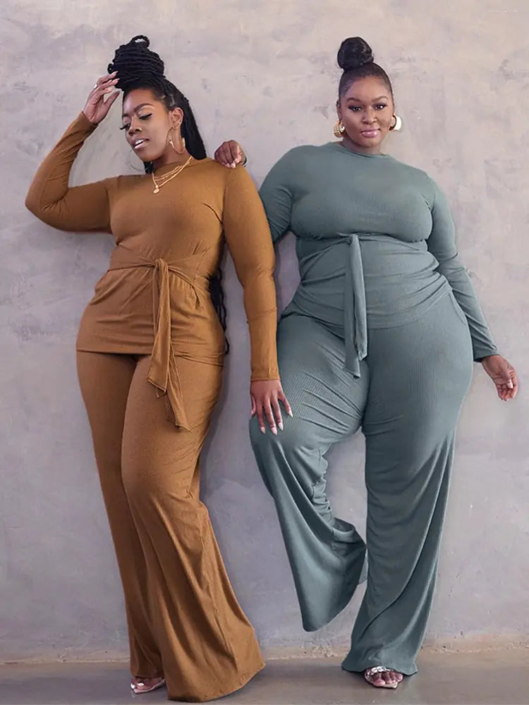 Plus Size Two Piece Set – Long Sleeve Top & Tailored Pants (XL–5XL)