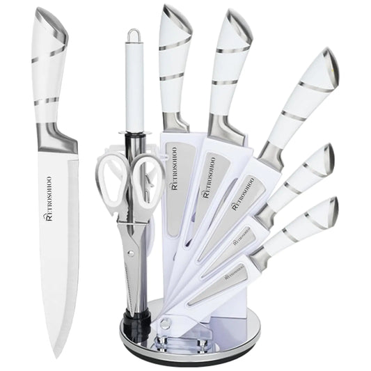 Retrosohoo 9-Piece White Knife Set with Rotary Block – Sharp Stainless Steel Kitchen Knives + Sharpener & Tools