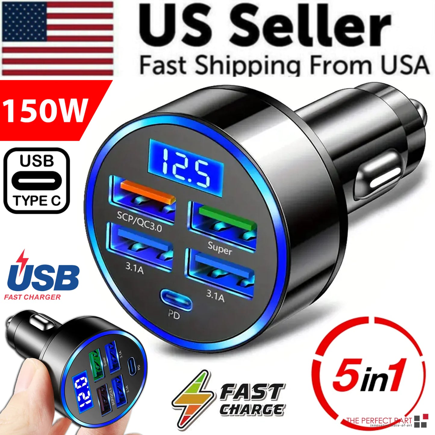 5-Port Super Fast Car Charger Adapter – USB & Type-C for iPhone, Samsung & Android
