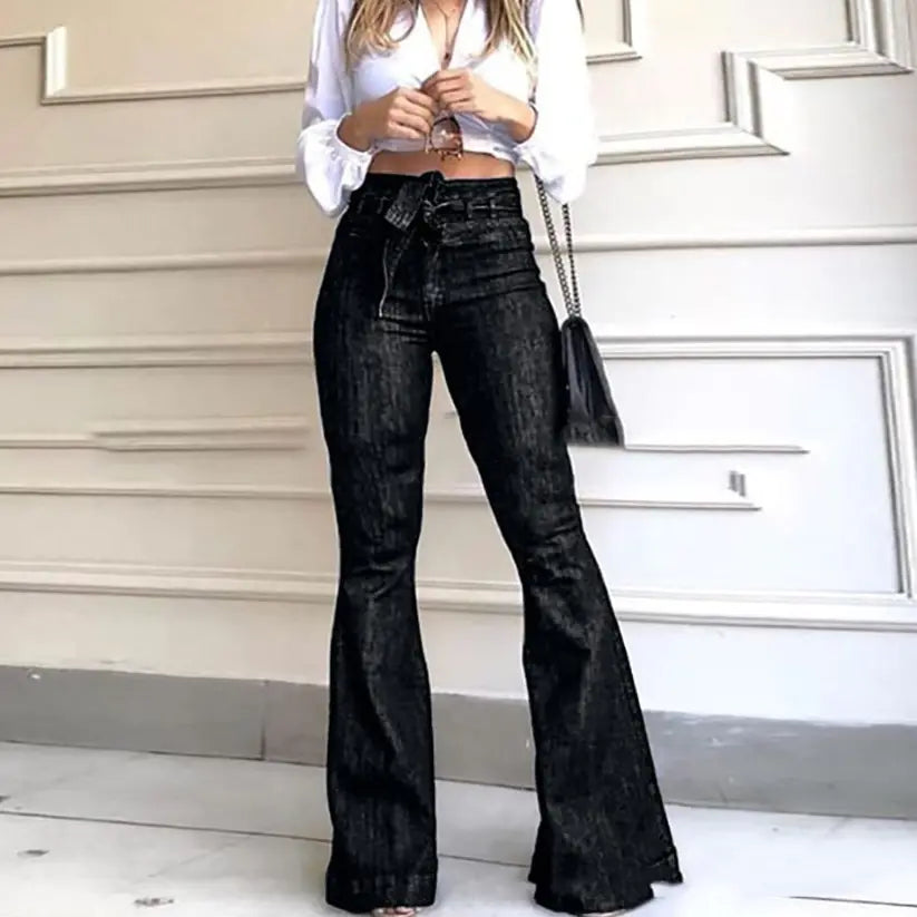 Women’s High Waist Hip Lift Lace-Up Flare Wide Leg Jeans – Blue & Black