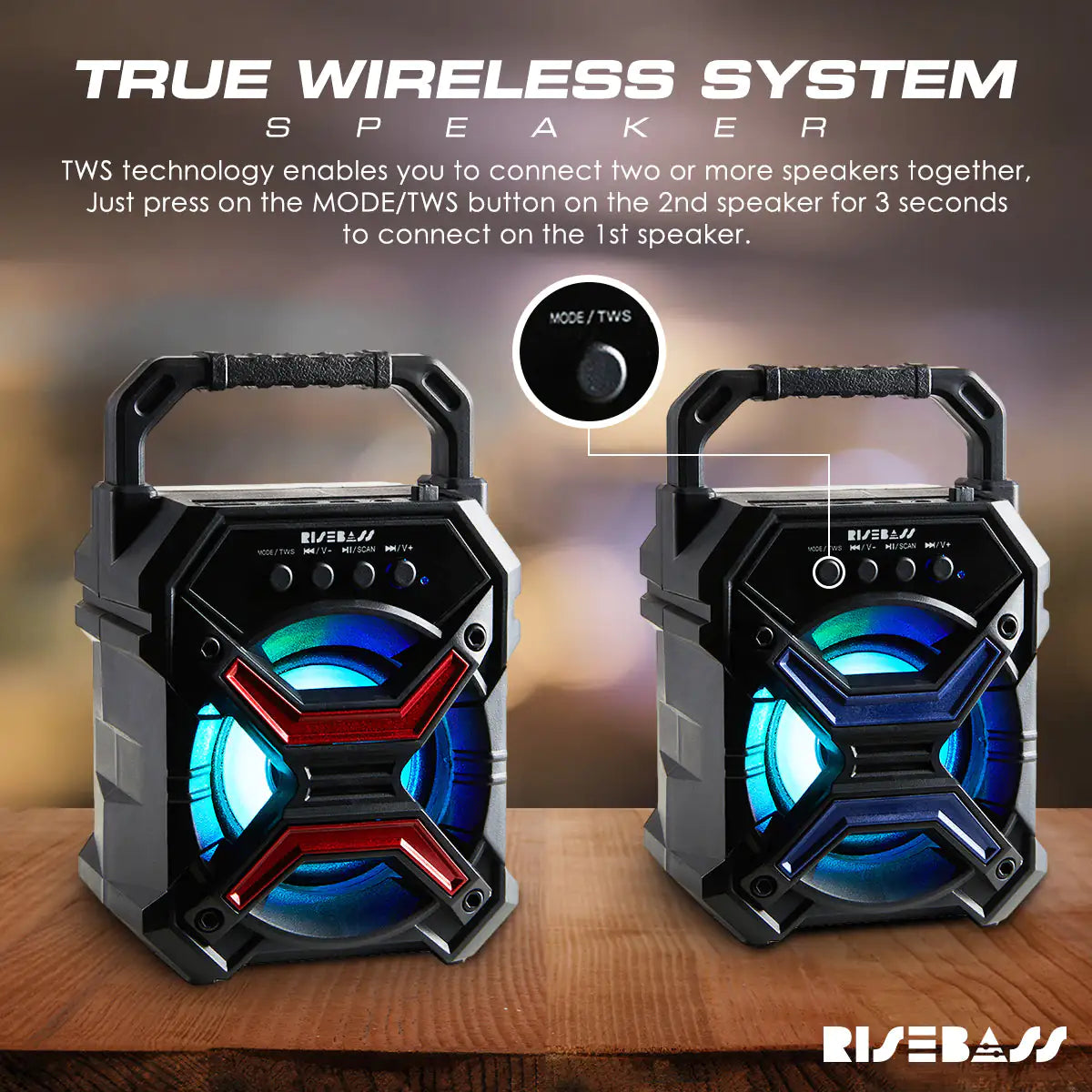 Portable Wireless Bluetooth Speaker with TWS & LED Lights – Rechargeable
