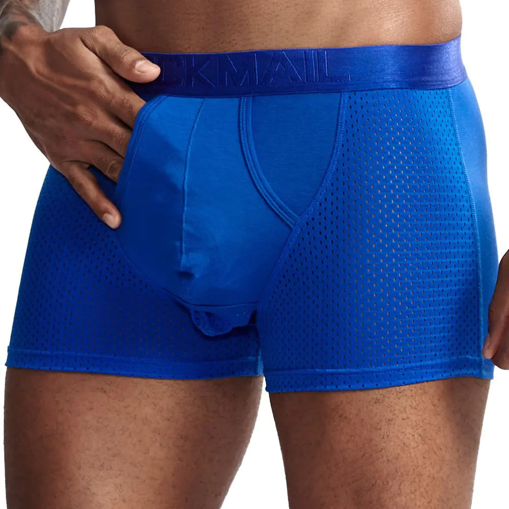 Men’s Ice Silk Mesh Split Boxer Trousers – Breathable Elastic Cotton Underwear with Mid-Waist Fit