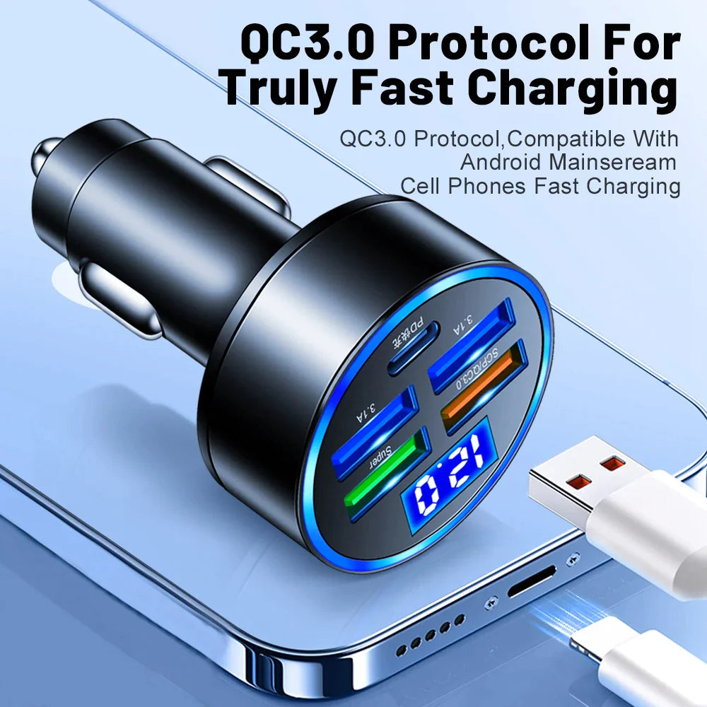 5-Port Super Fast Car Charger Adapter – USB & Type-C for iPhone, Samsung & Android