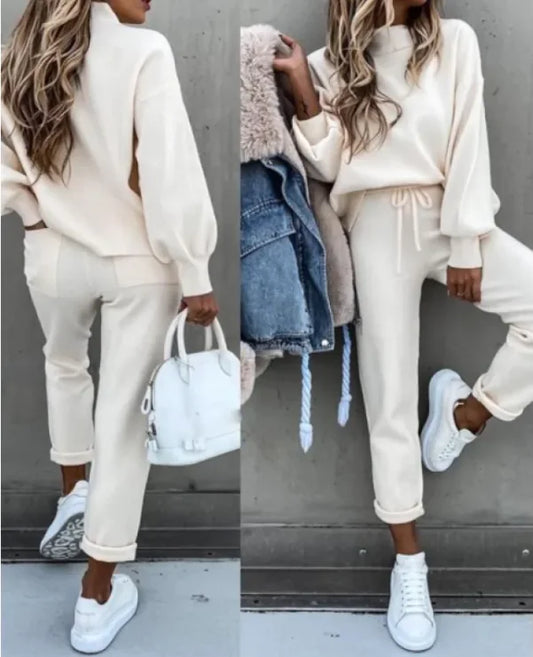 Women’s Casual Two-Piece Hoodie Lounge Set – Lantern Sleeve Sweater & Joggers