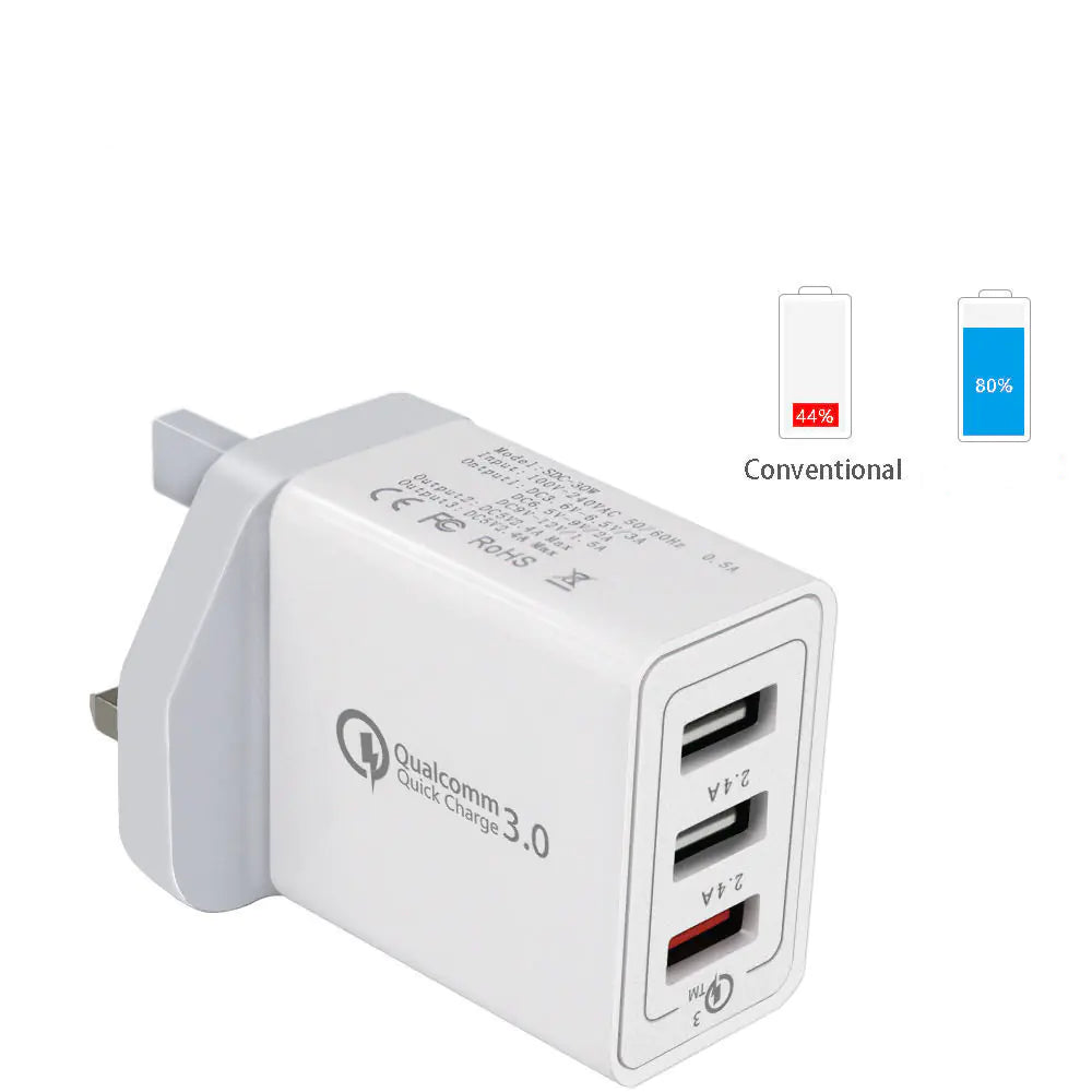 3-Port USB Fast Charger – QC3.0 Wall Adapter with EU, US, UK Plug Options