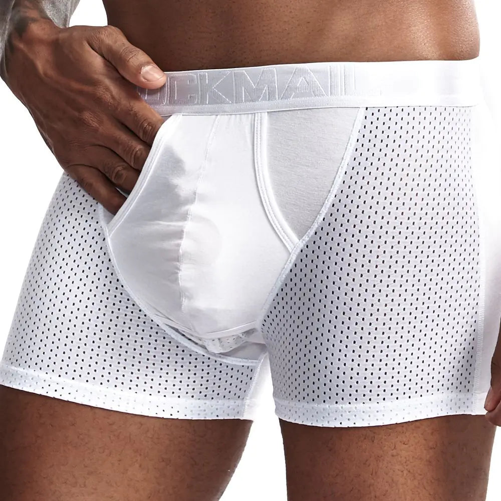 Men’s Ice Silk Mesh Split Boxer Trousers – Breathable Elastic Cotton Underwear with Mid-Waist Fit
