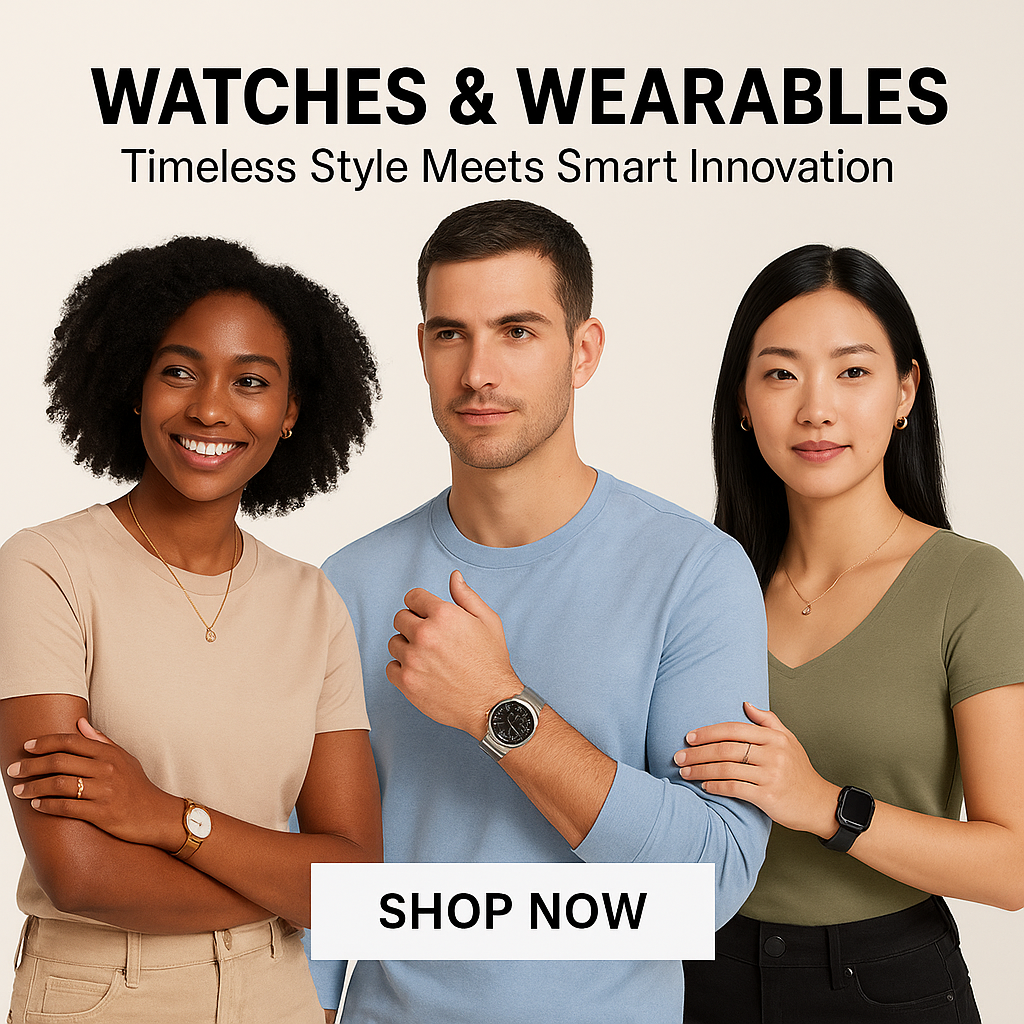 "Watches and smart wearables – classic timepieces and modern smartwatches combining timeless style with innovative technology for everyday use."
