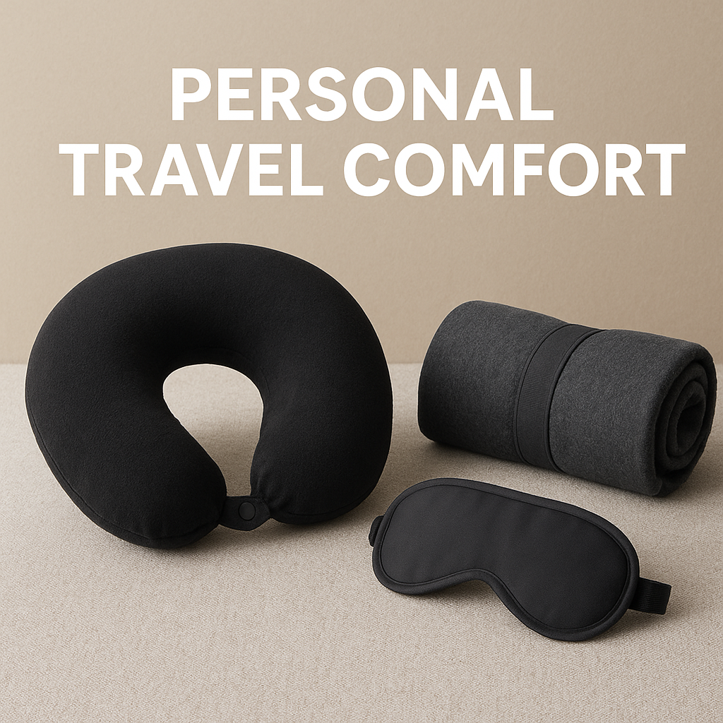Personal Travel Comfort – Travel pillows, blankets, eye masks, and accessories designed for relaxation and comfort on planes, trains, and road trips.
