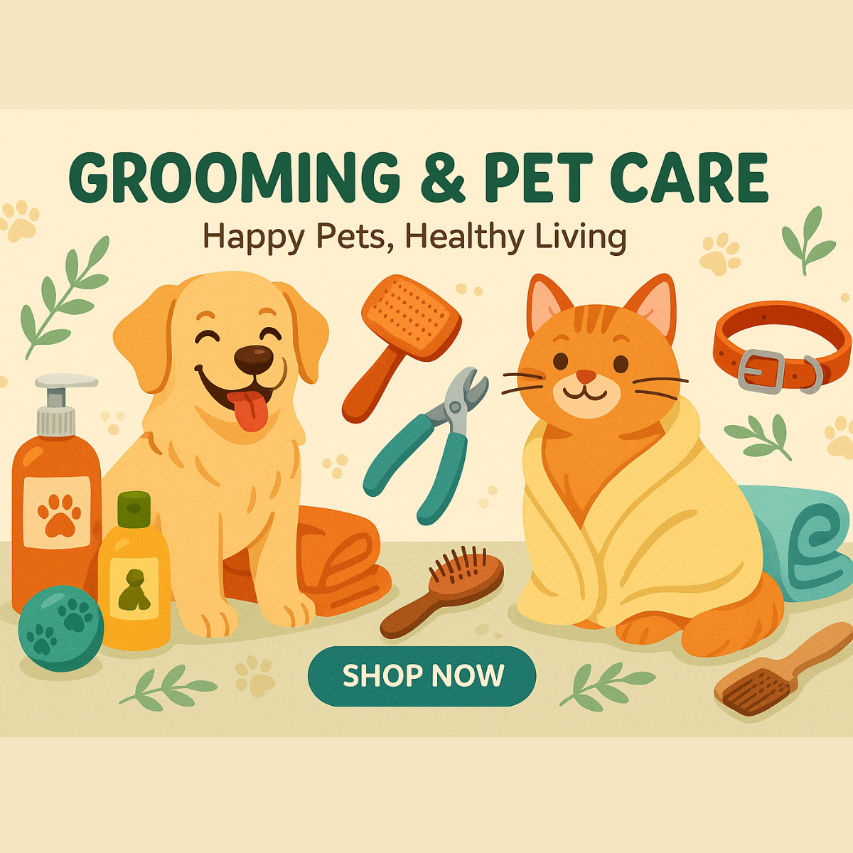 "Pet grooming and care products – shampoos, brushes, nail trimmers, and health essentials designed to keep pets clean, healthy, and happy."