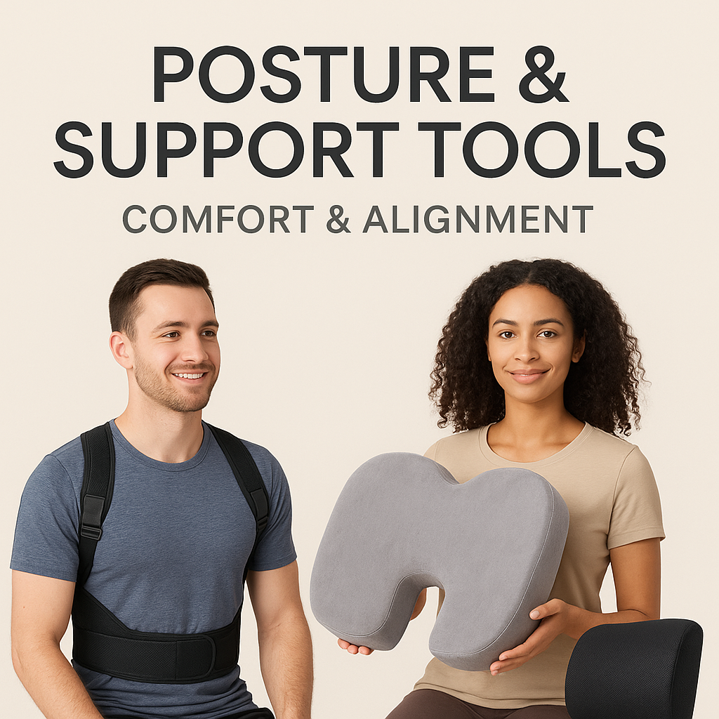 "Posture and support tools – ergonomic braces, cushions, and alignment aids designed to improve comfort, relieve strain, and support healthy body posture."