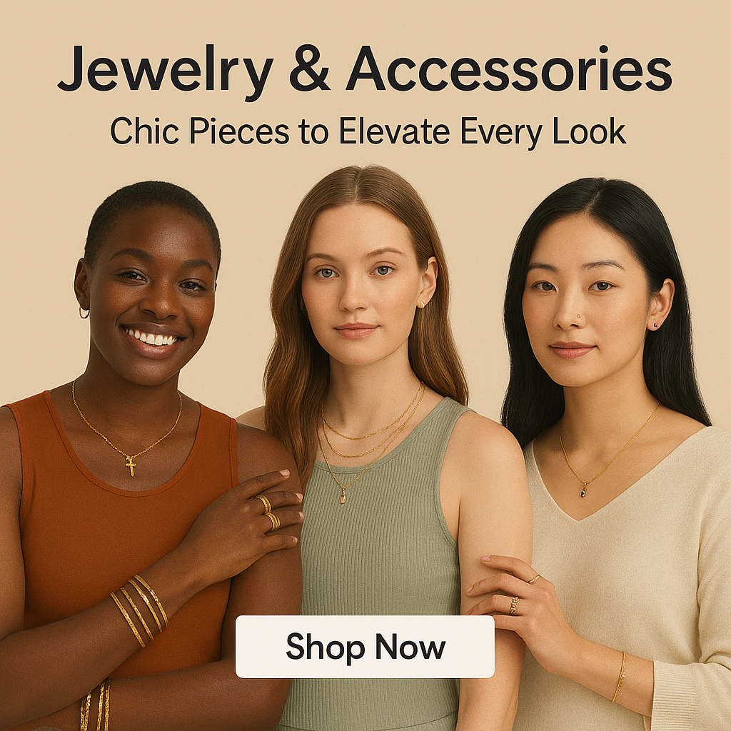 "Stylish jewelry and accessories – necklaces, bracelets, earrings, rings, and fashion-forward pieces designed to elevate everyday outfits and special occasions."