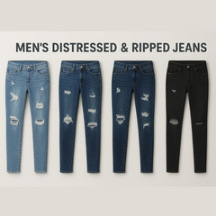 Men’s Distressed & Ripped Jeans – Trendy denim with frayed details and rugged style, perfect for casual streetwear and bold everyday looks.