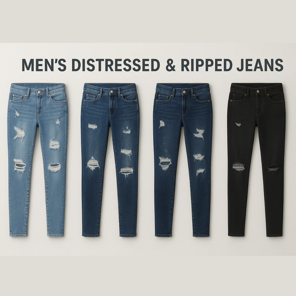 Men’s Distressed & Ripped Jeans – Trendy denim with frayed details and rugged style, perfect for casual streetwear and bold everyday looks.