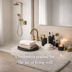 Modern luxurious bathroom with beige stone floor, plush bath mat, brushed-gold faucets, matte black accessories, soft lighting – up to 30% off and free shipping.