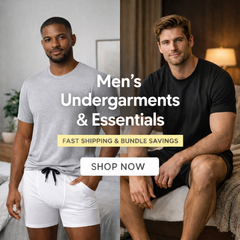 Men’s undergarments and essentials including boxers, briefs, socks, and undershirts for daily comfort
