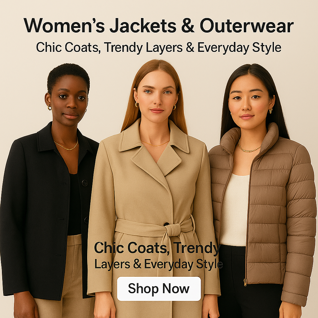 Women’s Jackets & Outerwear collection featuring stylish, versatile coats and jackets for every season, including cozy winter coats, lightweight spring layers, denim styles, and elegant long coats.