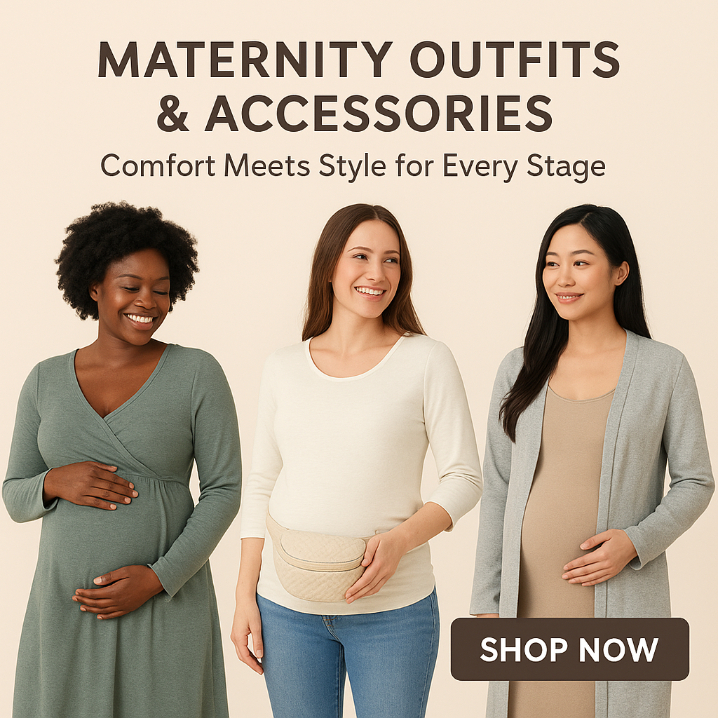 "Maternity outfits and accessories – stylish maternity dresses, tops, and essentials designed for comfort and confidence at every stage of pregnancy."