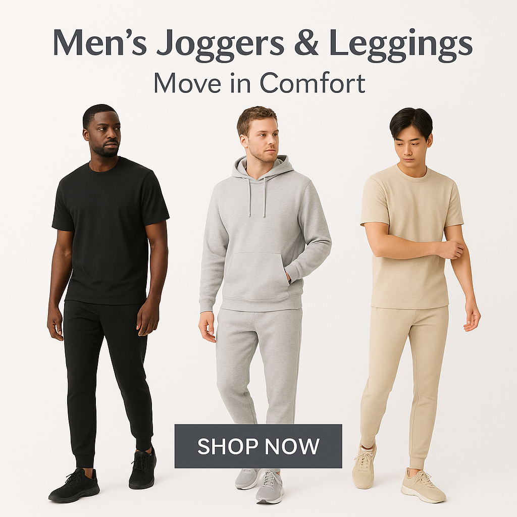 Men’s Joggers & Leggings – Comfortable and stylish bottoms designed for workouts, lounging, and casual everyday wear with flexibility and ease.