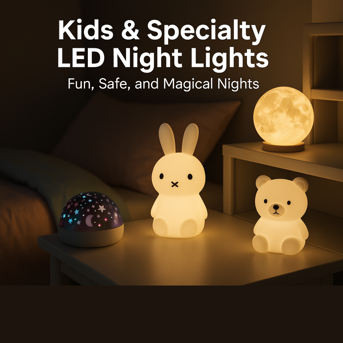 Kids & Specialty LED Night Lights – Fun and functional night lights in creative designs, offering gentle illumination and comfort for children’s rooms and bedtime routines.