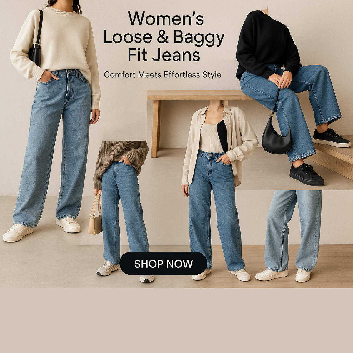 Women’s Loose & Baggy Fit Jeans – Relaxed and trendy wide-leg denim offering comfort, casual style, and a modern streetwear look.