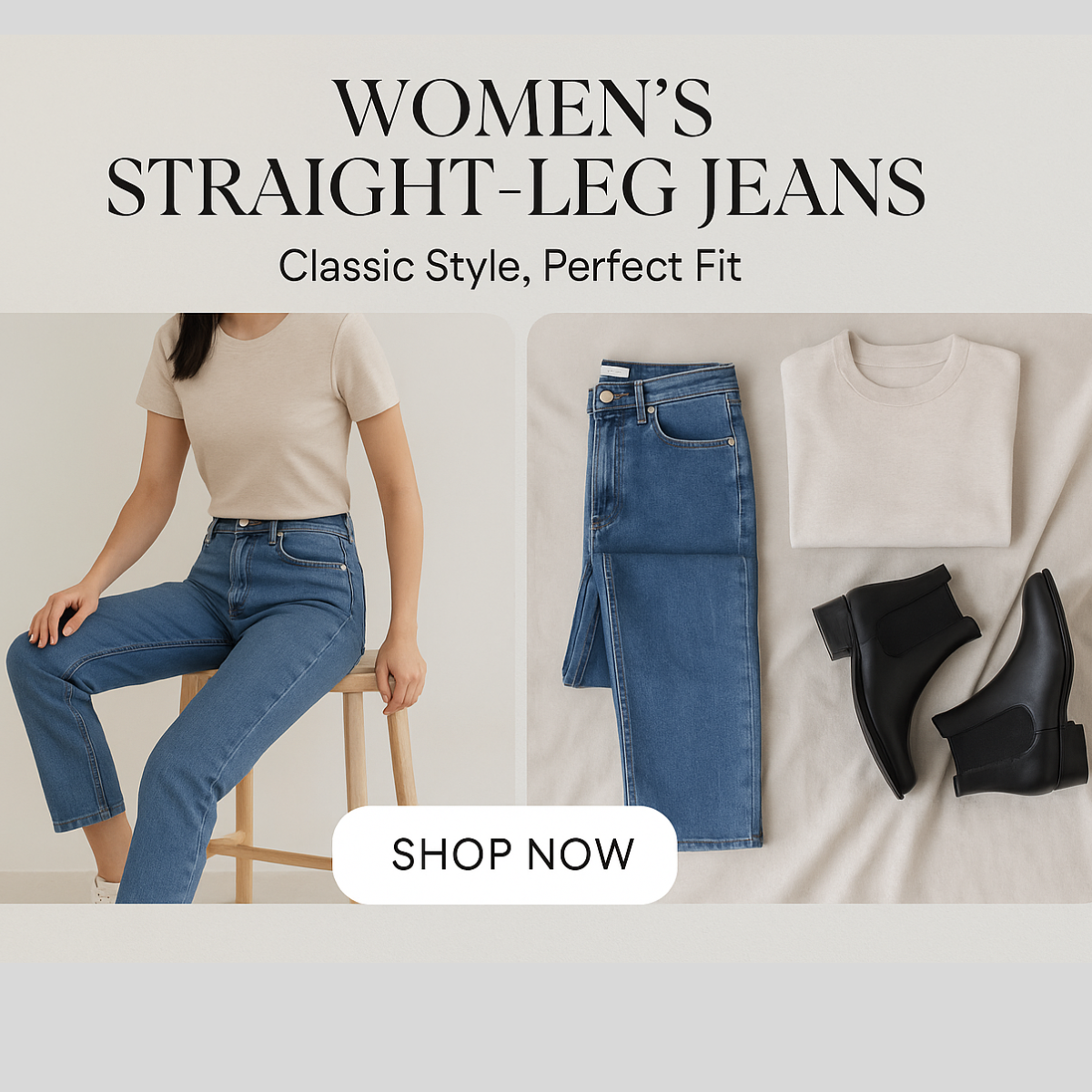 "Women’s straight-leg jeans in classic denim styles – versatile everyday pants offering comfort, timeless fit, and effortless fashion for casual or chic outfits."