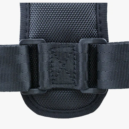 Black adjustable waist belt with plastic buckle and textured fabric, designed for secure fit and comfort.