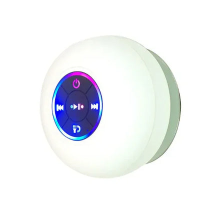 White waterproof shower speaker with colorful LED controls for music playback