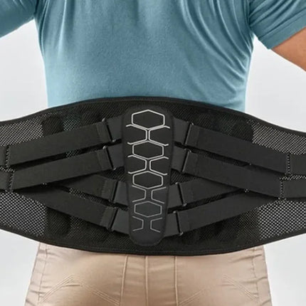 Black back support belt with hexagonal design, adjustable straps for lumbar pain relief and posture correction