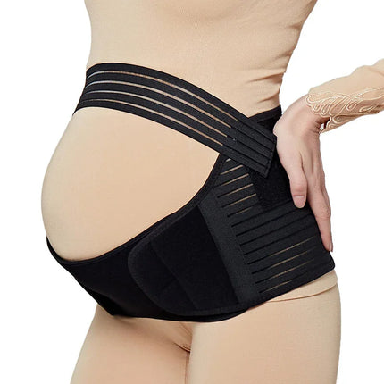 Black maternity support belt with breathable mesh panels and adjustable straps for pregnancy back pain relief