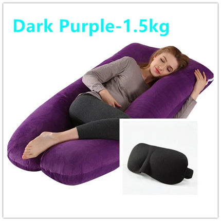 Dark purple 1.5kg full-body pregnancy pillow with sleep eye mask, designed for side sleeping comfort and support