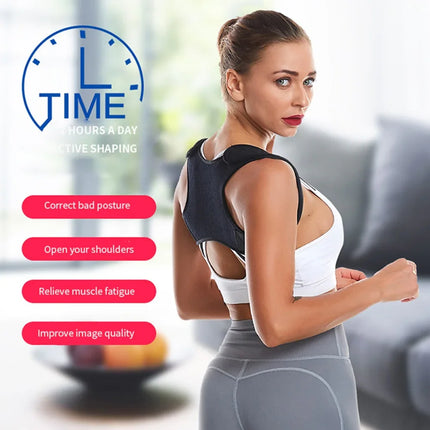 Black posture corrector brace for back support, shoulder alignment, and muscle fatigue relief, worn by woman in workout gear