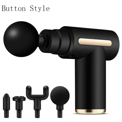 Black handheld massage gun with gold accents, button-style control, and 4 interchangeable heads for muscle recovery