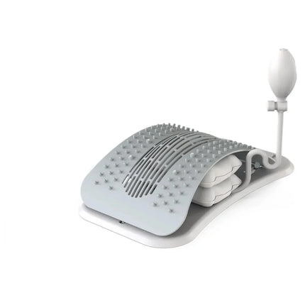 Gray foot massager with textured rollers and hand pump for relaxation and circulation