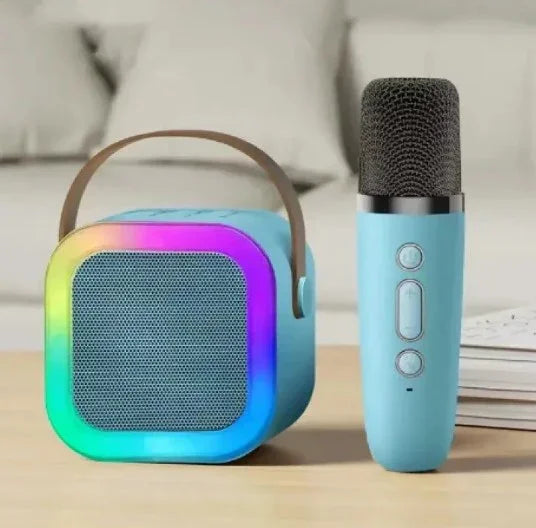 Blue portable speaker with rainbow LED lights and matching microphone for karaoke fun