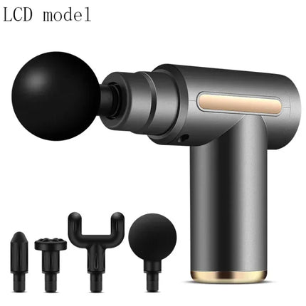 Black LCD massage gun with gold accents and interchangeable heads for muscle therapy