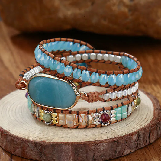 Natural Stone Handwoven Leather Bracelet – Bohemian Geometric Statement Jewelry