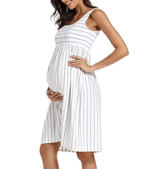 Elegant Striped Maternity Dress – Comfortable Empire Waist with Adjustable Tie