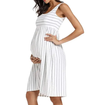 Elegant Striped Maternity Dress – Comfortable Empire Waist with Adjustable Tie