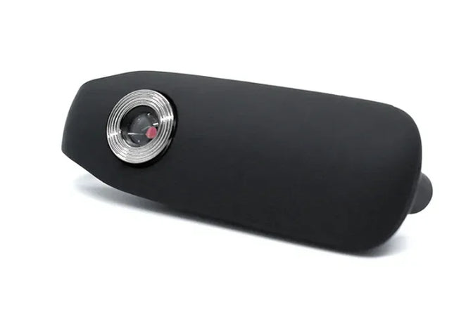 Black compact projector with silver lens, sleek modern design for home theater or presentations